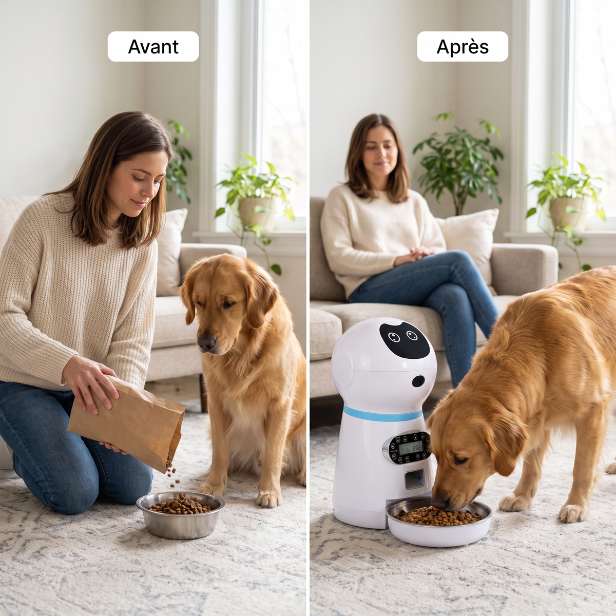 Avant et après : distribution à la main puis distributeur automatique de croquettes, avec un golden retriever