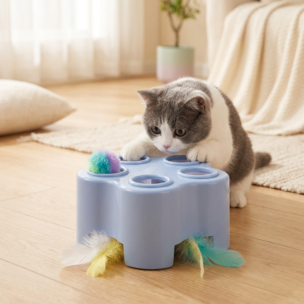 Chat gris et blanc qui joue avec le tape-taupe électrique bleu