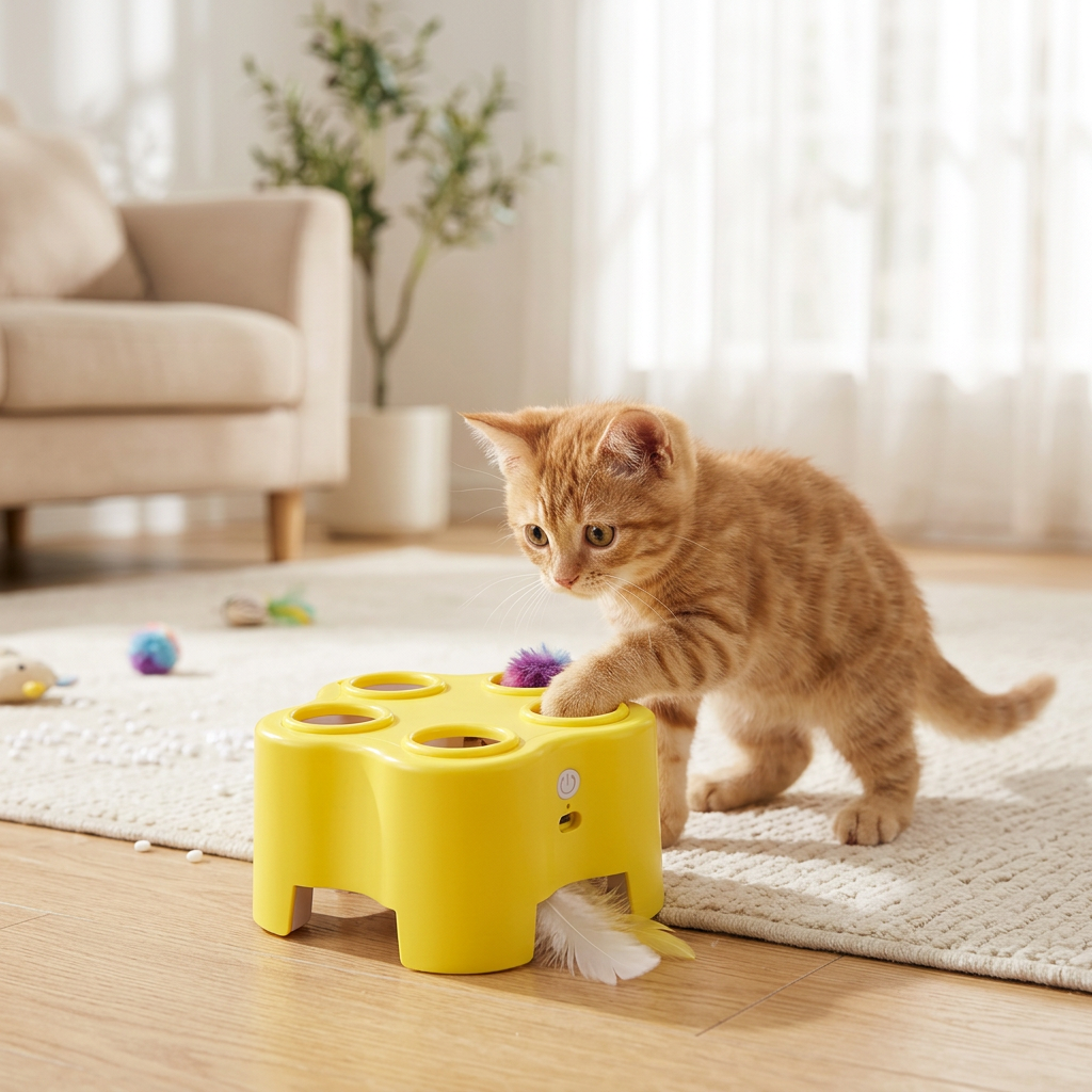 Chat roux qui joue avec le tape-taupe électrique jaune