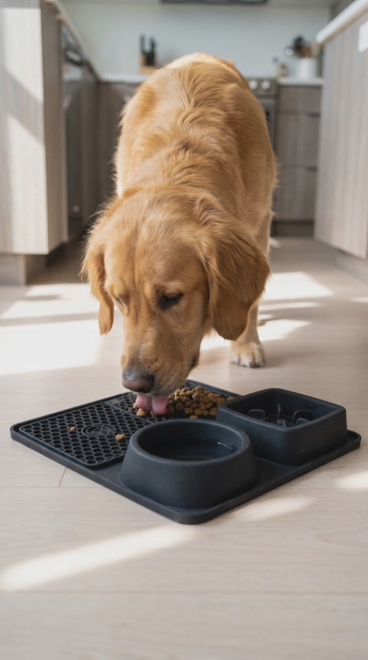 Vidéo de démonstration : un golden retriever mange calmement dans la gamelle 2-en-1 anti-glouton en silicone